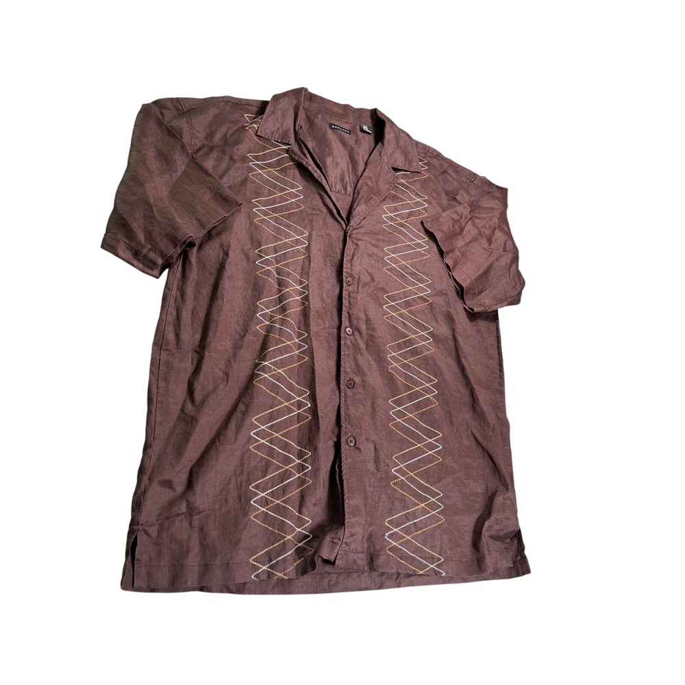 Godbody Mens 3XL 100% Linen Brown Embroidered Camp Shirt Short Sleeve Button